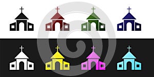 Set Church building icon isolated on black and white background. Christian Church. Religion of church. Vector