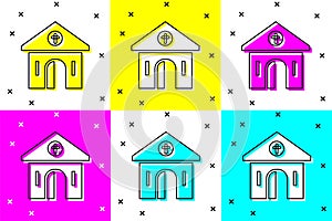 Set Church building icon isolated on color background. Christian Church. Religion of church. Vector