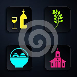 Set Church building, Wine bottle with glass, Basket with easter eggs and Willow leaf. Black square button. Vector