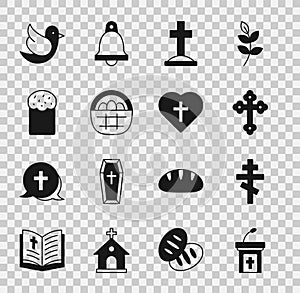 Set Church sermon tribune, Christian cross, Grave with, Basket easter eggs, Easter cake, Dove and in heart icon. Vector