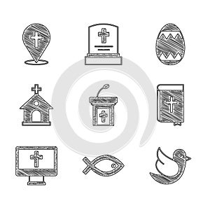 Set Church sermon tribune, Christian fish symbol, Dove, Holy bible book, cross monitor, building, Easter egg and