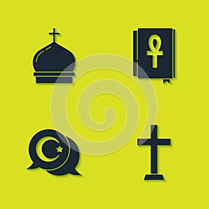 Set Church tower, Christian cross, Star and crescent and Cross ankh book icon. Vector