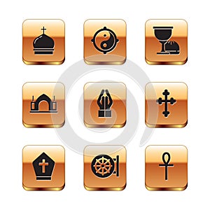 Set Church tower, Pope hat, Dharma wheel, Hands in praying position, Hindu spiritual temple, Holy grail or chalice