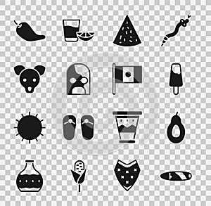 Set Cigar, Avocado, Popsicle ice cream, Nachos, Mexican wrestler, Dog, Hot chili pepper pod and Mexico flag icon. Vector