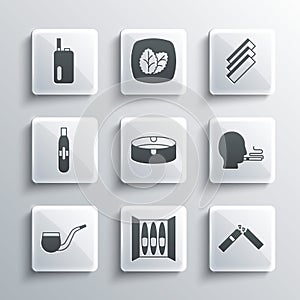 Set Cigar, Broken cigarette, Man smoking, Ashtray, No pipe, Electronic, and Cigarette rolling papers icon. Vector