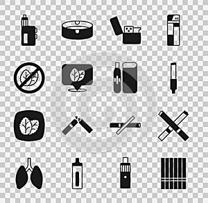 Set Cigarette, Lighter, Tobacco leaf, No tobacco, Vape mod device and Electronic cigarette icon. Vector