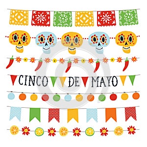 Set of Cinco de Mayo holiday garlands with lights, bunting flags, ornamental skulls, flowers, jalapenos peppers