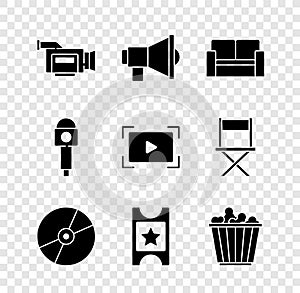 Set Cinema camera, Megaphone, chair, CD or DVD disk, ticket, Popcorn box, Microphone and Online play video icon. Vector