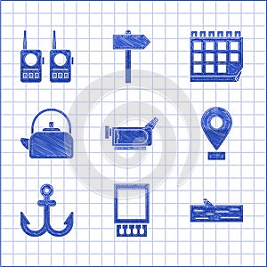Set Cinema camera, Open matchbox and matches, Wooden log, Location, Anchor, Kettle with handle, Calendar and Walkie