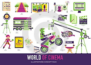 Set of cinema, film production flat colorful icons.