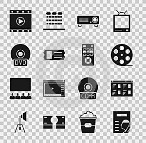 Set Cinema poster, Online play video, Film reel, Movie, film, media projector, ticket, CD DVD disk, Play Video and