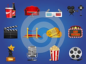 Set of cinema theater and movie icons for mobile app or decor