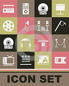 Set Cinema ticket, Rope barrier, Microphone, CD or DVD disk, Movie spotlight, Film reel, clapper and Home stereo with