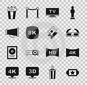 Set Cinema ticket, Screen tv with 4k, 3D cinema glasses, Smart Tv, 8k Ultra HD, Megaphone, Popcorn cardboard box and