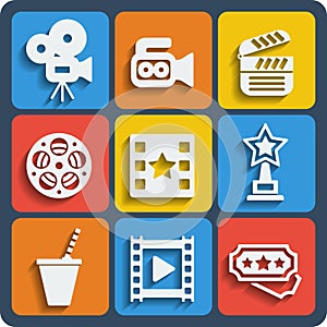 Set of 9 cinema web and mobile icons. Vector.