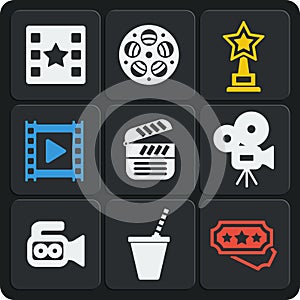 Set of 9 cinema web and mobile icons. Vector.