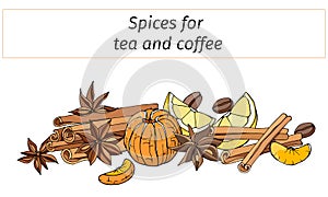 Set of cinnamon, anise and lemon, cut out on a white background. Vector illustration of spices for tea and coffee. world tea day