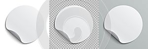 Set circle adhesive symbols. White tags, paper round stickers with peeling corner and shadow, isolated rounded plastic mockup