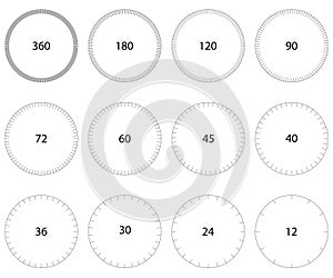 Set circle dial, circle scale with division in round, vector template of circular dial scales for displaying measurements