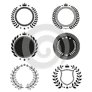 Set of circle emblem illustration with bay leaf and crown