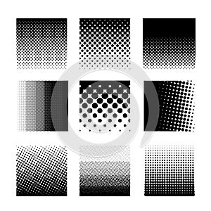 Set of circle halftone element, monochrome abstract graphic for DTP, prepress or generic concepts. Vector illustration. Isolated