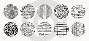 Set of circle hand drawn patterns. Vector textures made with ink, pencil, brush. Geometric doodle shapes of spots, dots