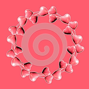 Set of circle made of pink hearts isolated on pink background and copy space. Flat lay