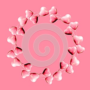 Set of circle made of pink hearts isolated on pink background and copy space. Flat lay