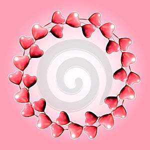 Set of circle made of pink hearts isolated on pink with white background and copy space. Flat lay