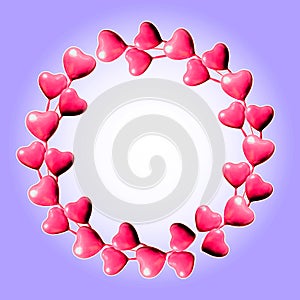 Set of circle made of pink hearts isolated on purple with white background and copy space. Flat lay
