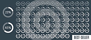 Set of circle percentage diagrams from 0 to 100 for infographics, dark, 5 10 15 20 25 30 35 40 45 50 55 60 65 70 75 80