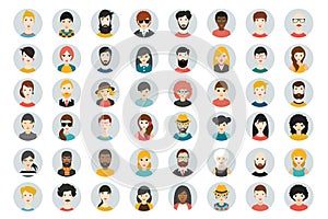 Set of circle persons, avatars, people heads different nationality in flat style.