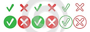 Set of circle simple web buttons: green check mark and red cross with rounded corners