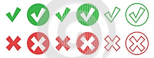 Set of circle web buttons: green check mark and red cross with sharp corners