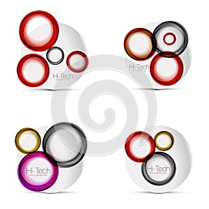 Set of circle web layouts - digital techno round shapes - web banners, buttons or icons with text. Glossy swirl color