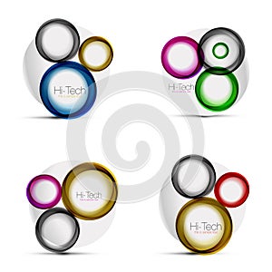 Set of circle web layouts - digital techno round shapes - web banners, buttons or icons with text. Glossy swirl color