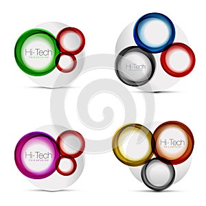 Set of circle web layouts - digital techno round shapes - web banners, buttons or icons with text. Glossy swirl color