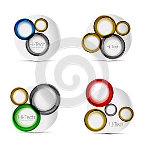 Set of circle web layouts - digital techno round shapes - web banners, buttons or icons with text. Glossy swirl color