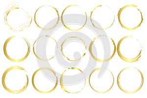 Set of circles frame with gold texture on a white background. 15 line styles with golden effect. Isolated vectors