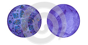 Set of circles hand drawn watercolor, isolated. Abstraction background. Violet blue circle shape design elements xmas