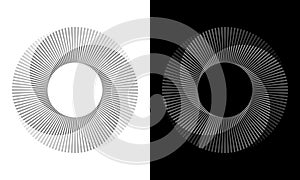 Set of circles with lines. Lines in one color with different opacity. Black spiral on white background and white spiral on black