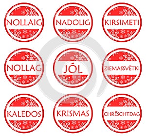 Christmas labels in different languages, Christmas, isolated. photo