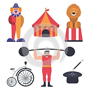 Set of circus color icons, design elements isolated on white background