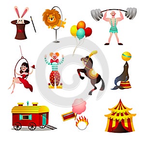 Set of circus colorful animals and person at holiday arena