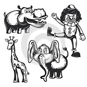 Set of circus elements animals, clown for creating your own badges, logos, labels, posters etc. Isolated on white