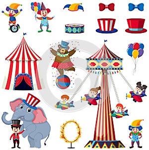Set of circus elements on white background
