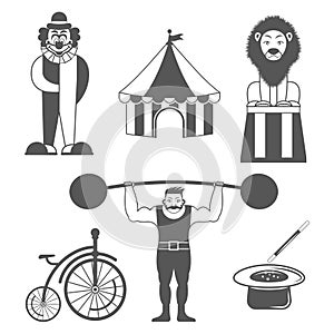 Set of circus monochrome icons . Design elements for logo, label, emblem.