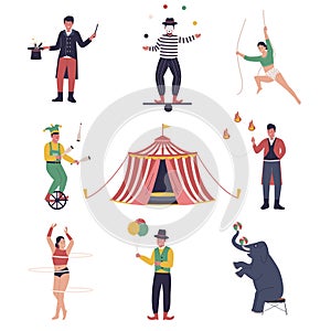 Set of circus performers artists and animals