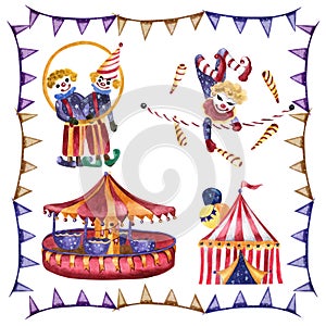 Set on a circus theme watercolor clowns characters