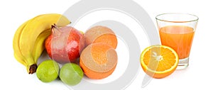 Set of citrus fruits and fruit juice in a glass isolated on a white. Collage. Wide photo